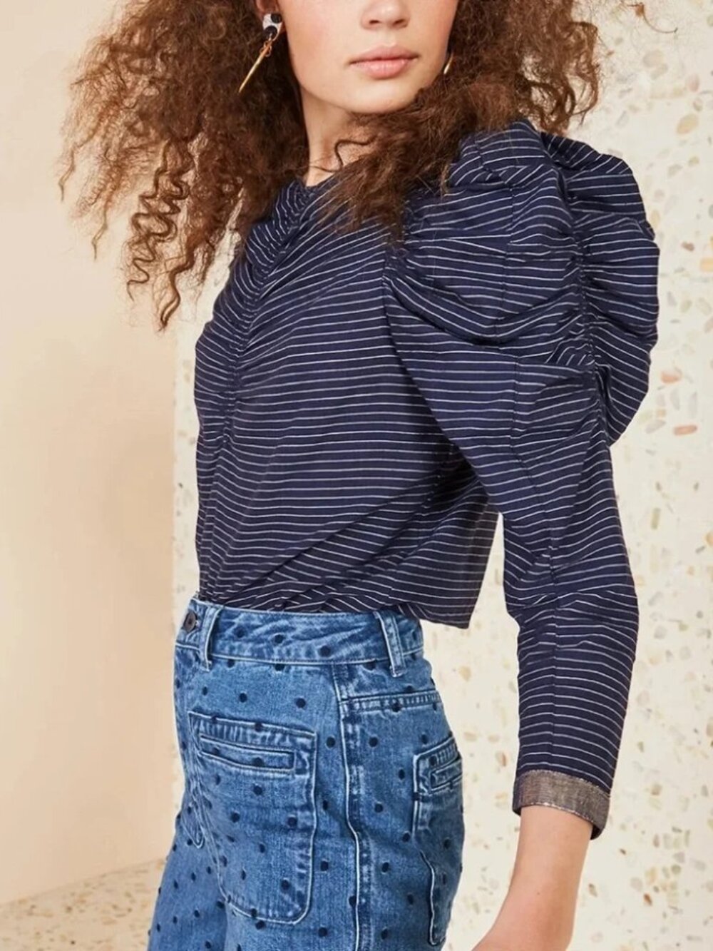 Ulla Johnson Navy Striped Puff-Sleeve Blouse - With Tag from Barneys